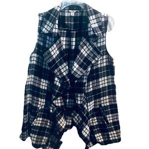 C Est 1946 Women’s Blue White Yellow Plaid Long Vest Collar Pockets Cotton Large